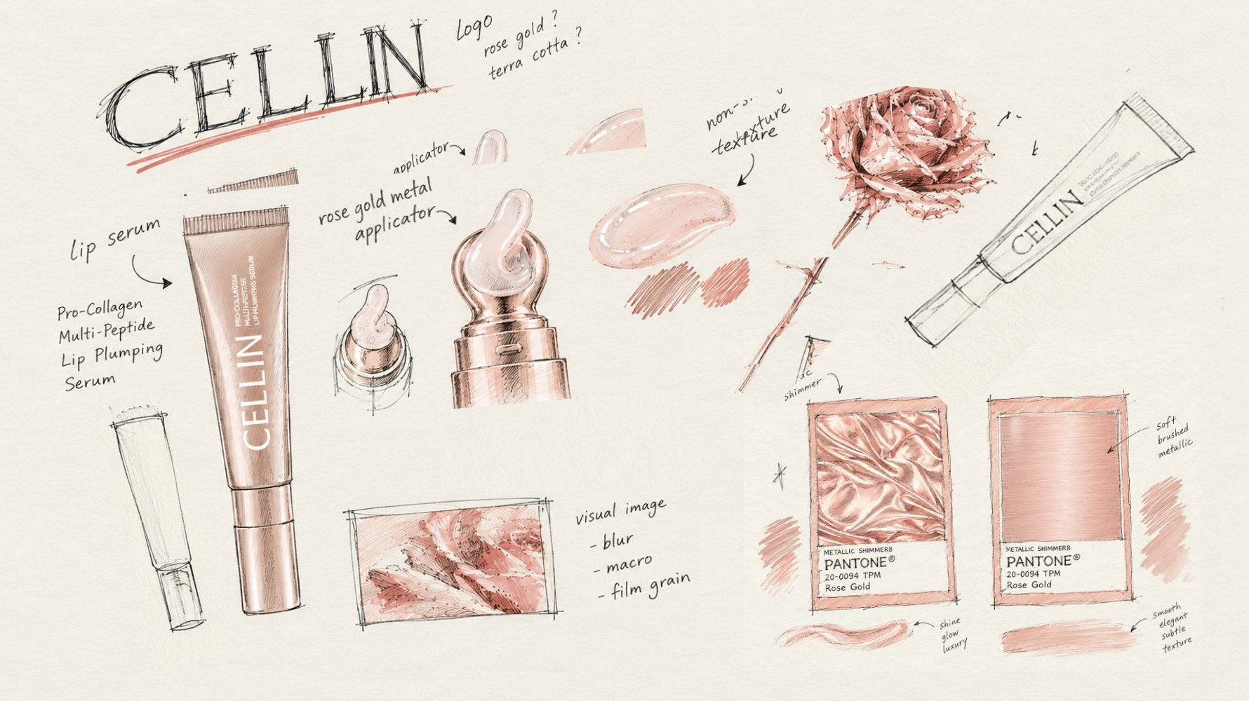 Design sketches for Rosé Hour: the tube, applicator, rose and rose-gold swatches