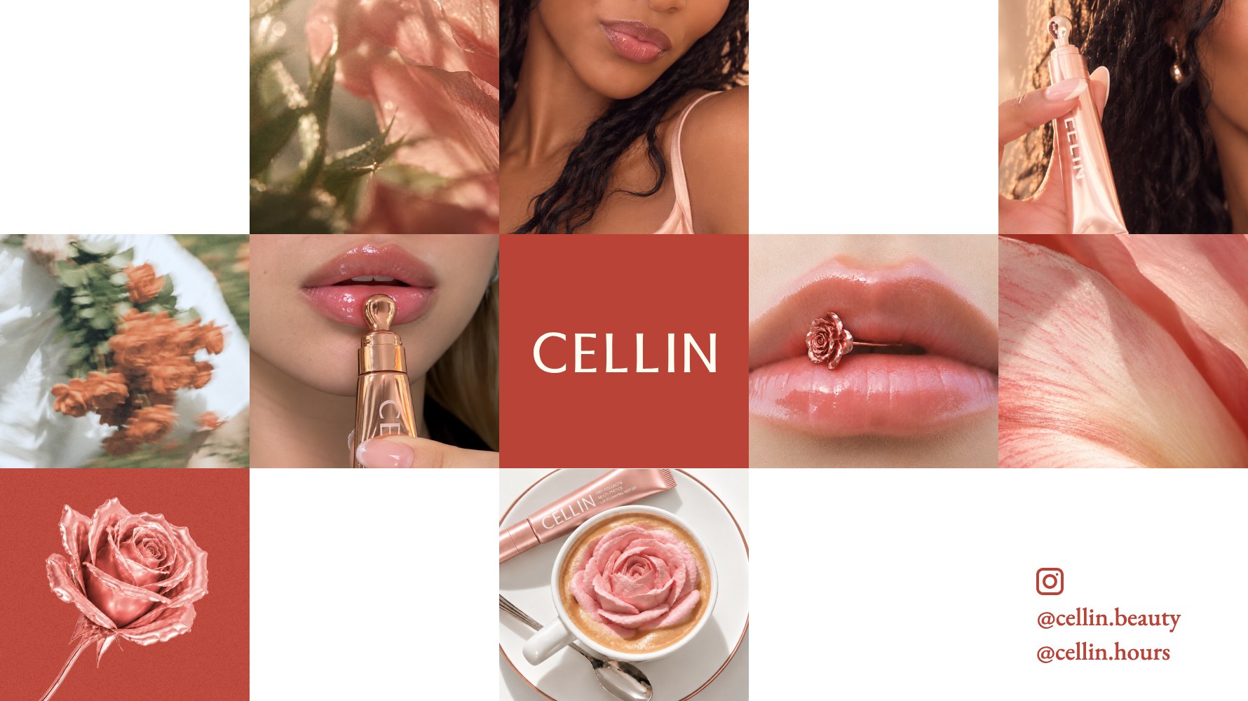 Rosé Hour lip serum moments: lips, roses, the rose-gold tube and the CELLIN logo